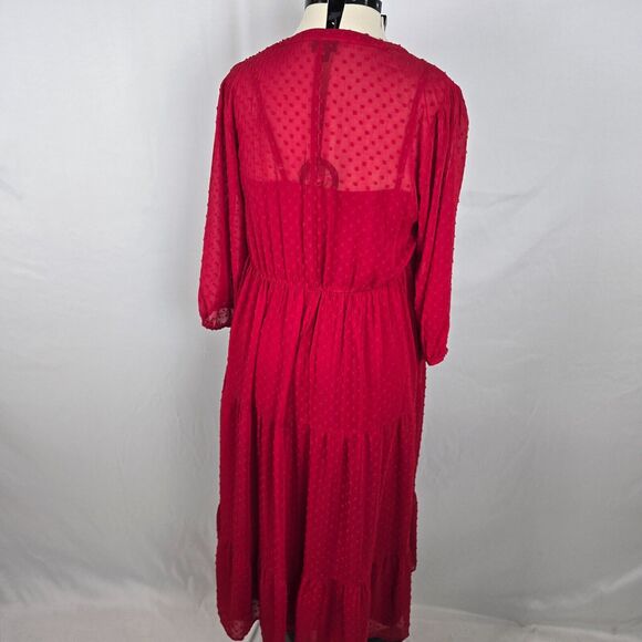 Torrid Dress Women's 0X 12 Red Midi Dot Chiffon Cottagecore Lagenlook 3/4 Sleeve - Picture 12 of 13